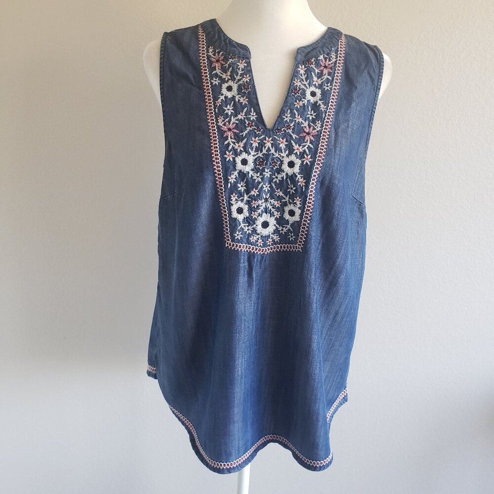 J. Jill Denim Top Tank Sleeveless Embroidered Floral Soft Lyocell Size XS